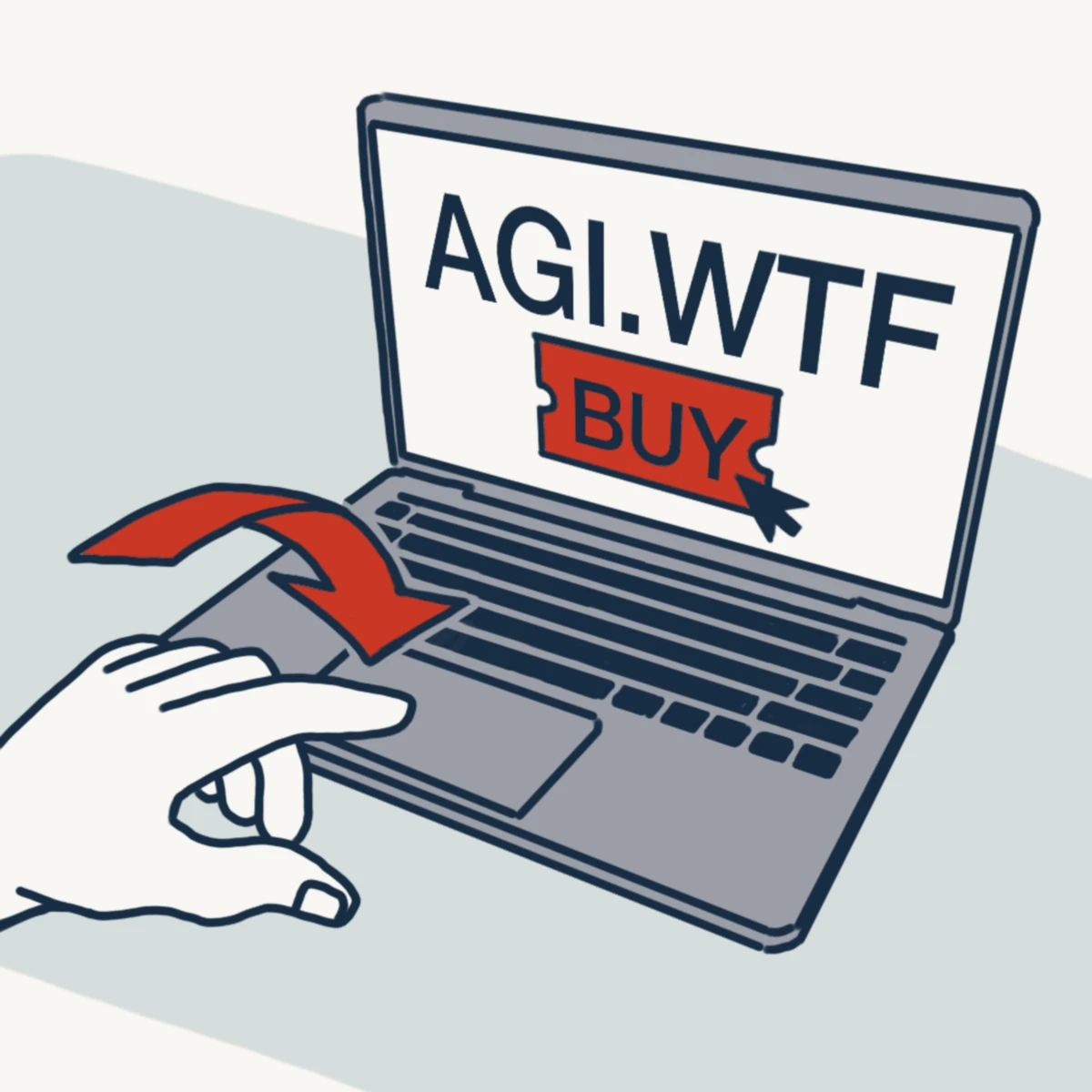 A hand clicking Buy on an AGI.WTF ticket on a laptop.