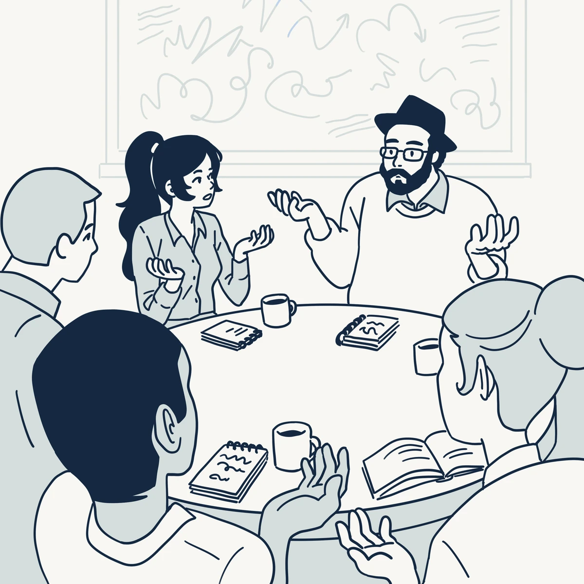 Five people around a table, discussing together with their palms raised.