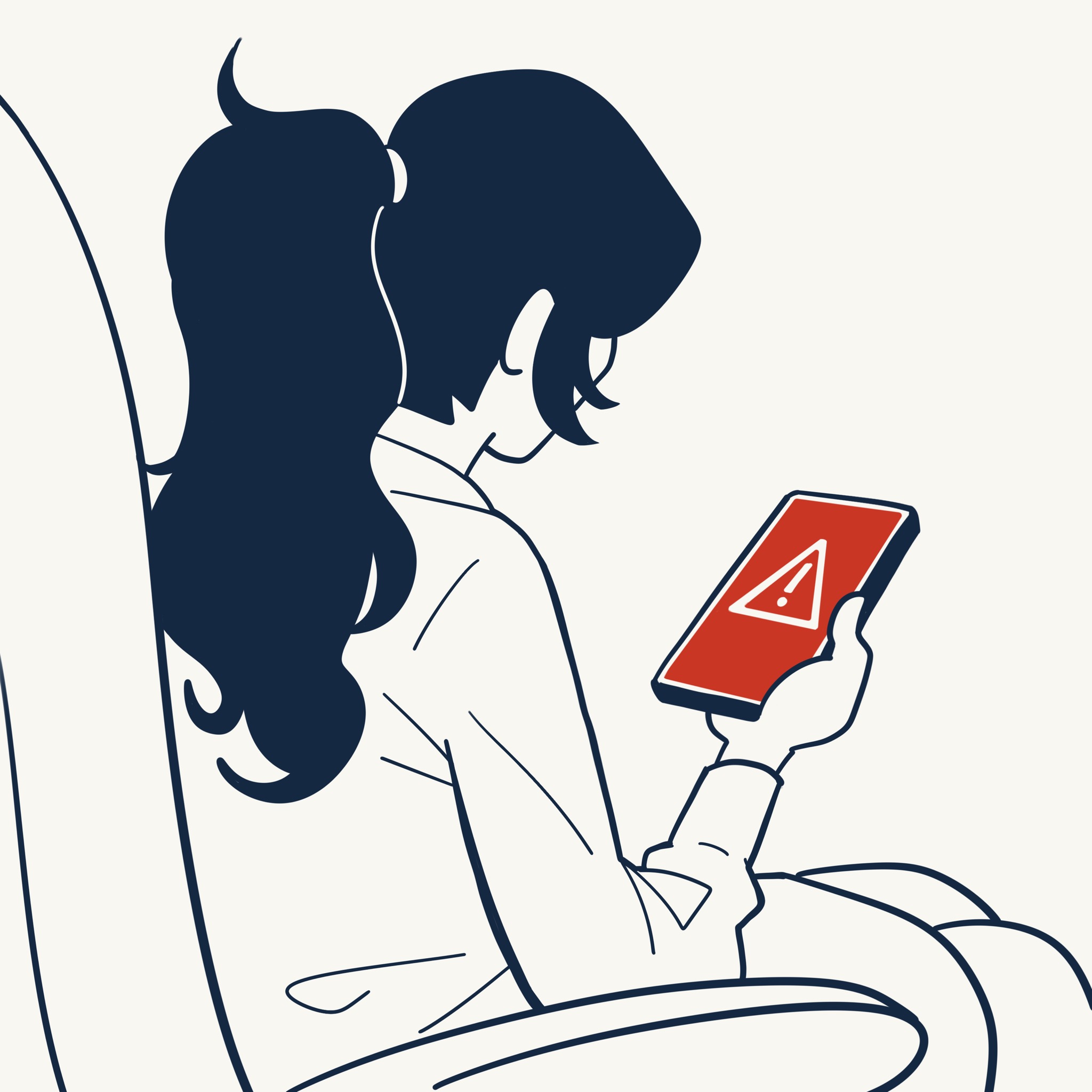 A concerned woman in an airplane seat looking at a phone with a warning symbol.